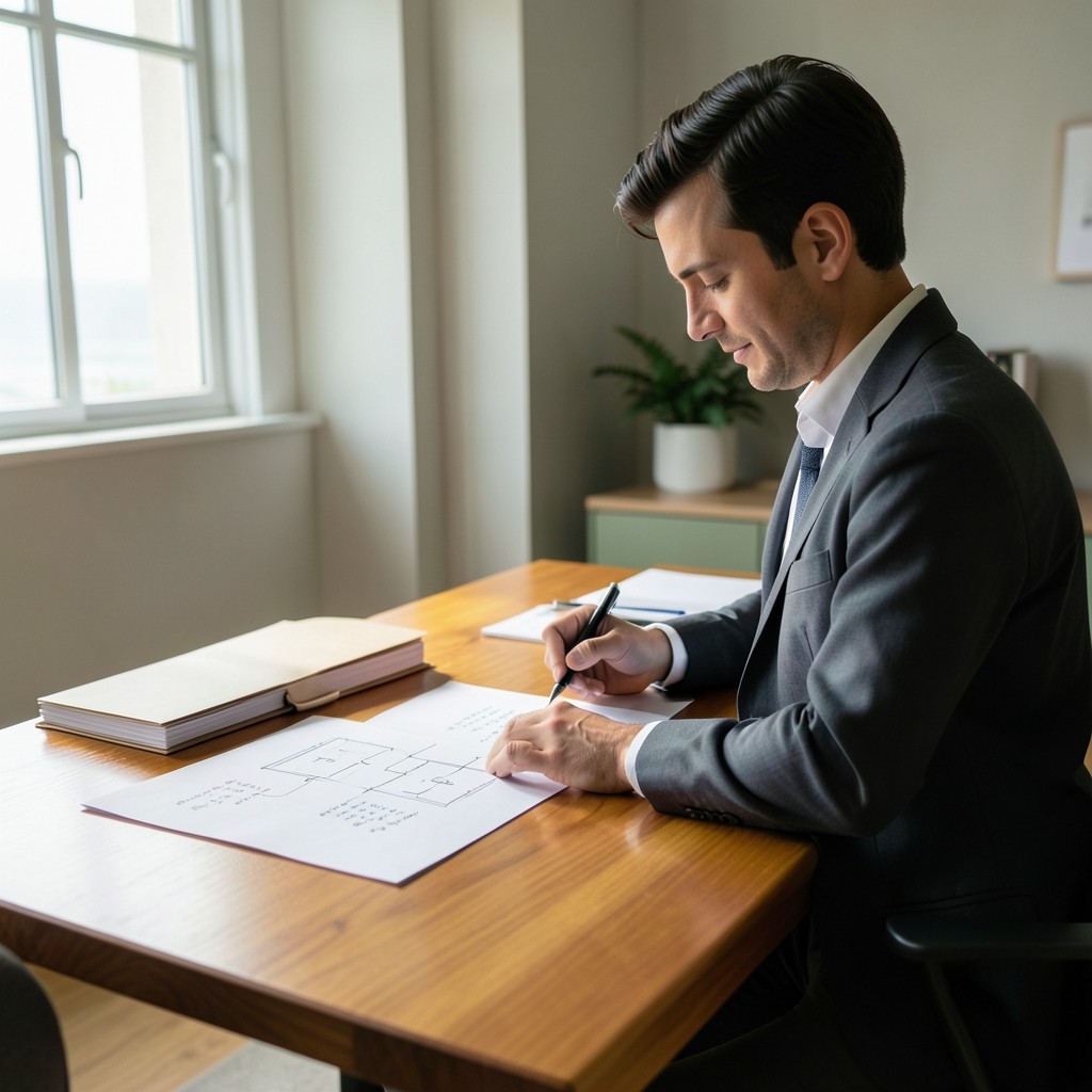 Practitioner reviewing annotated file path diagrams at a timber desk in soft coastal light