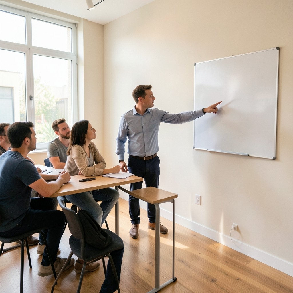 Facilitator pointing to a simple wall chart during a small team briefing