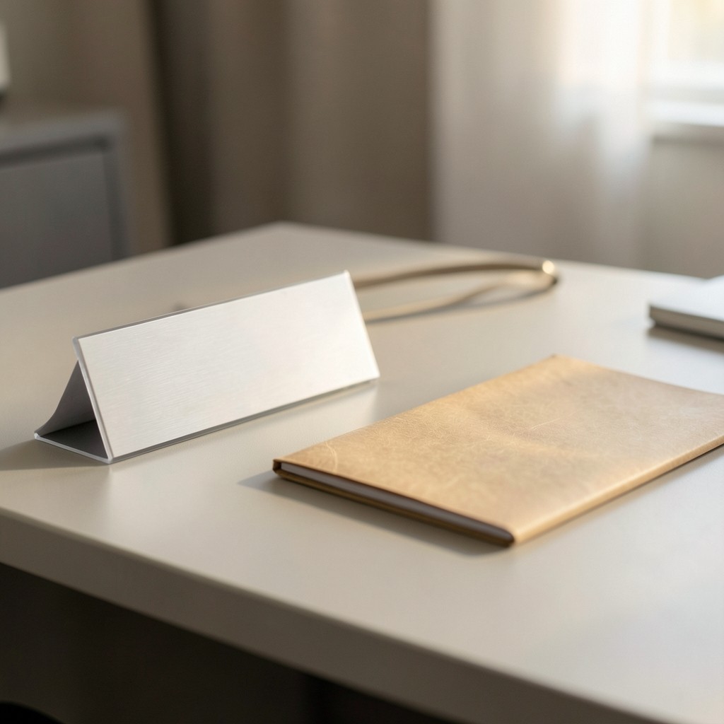 Nameplate and closed manila folder on a quiet office desk