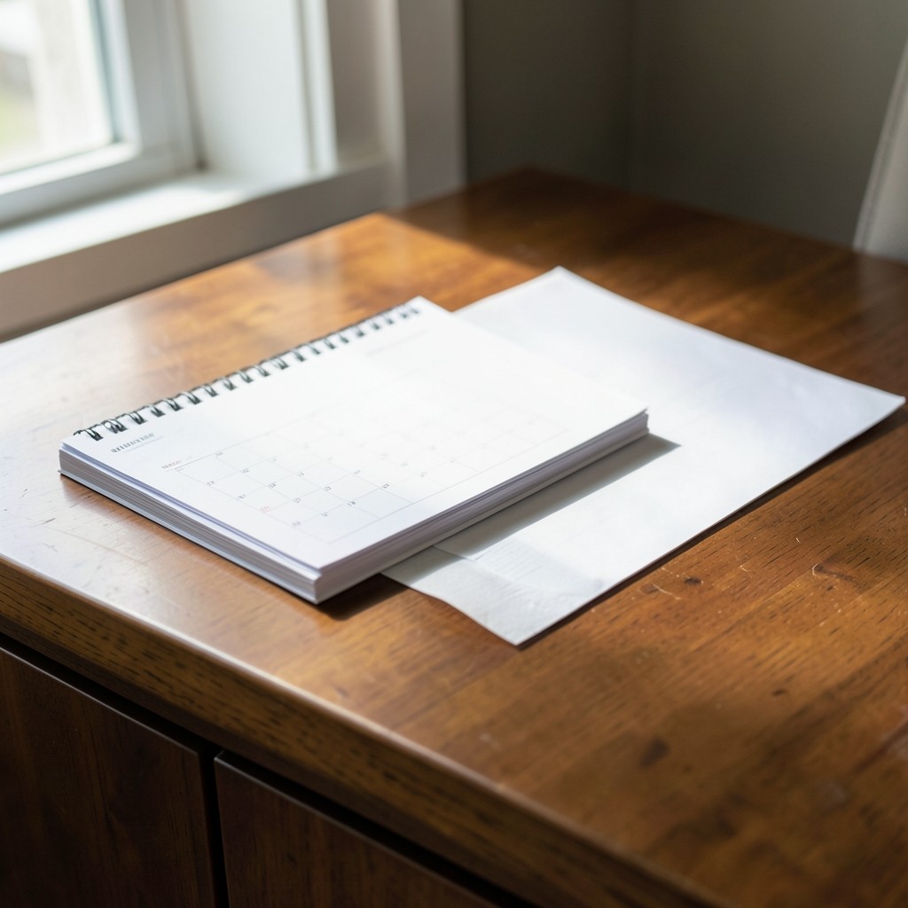Calendar page beside a stack of bound meeting papers on a sideboard