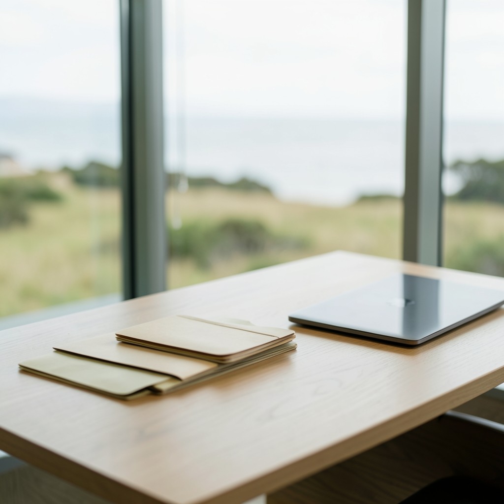 Quiet Overberg office desk with organised paper folders beside a closed laptop near a window