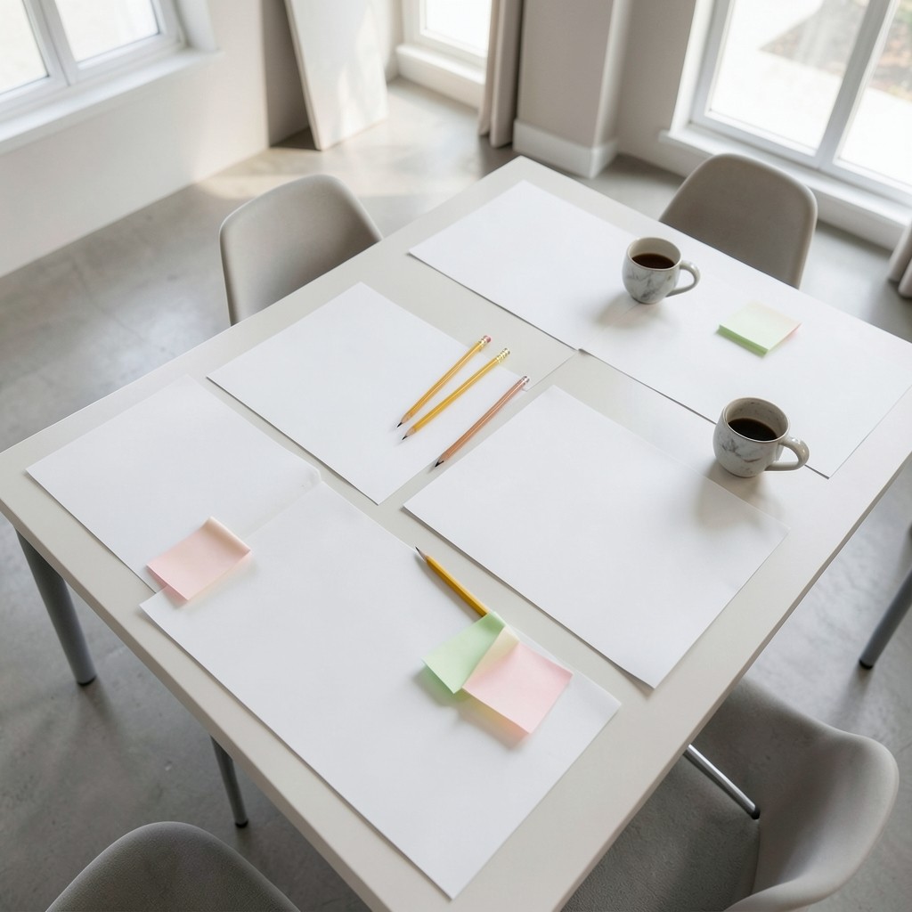 Workshop table with process sketch sheets, sticky notes, and coffee cups in soft daylight