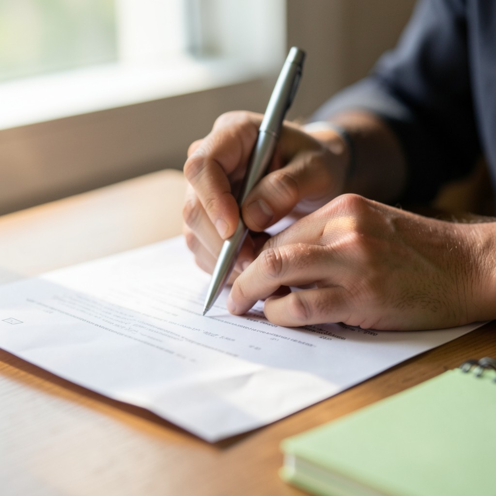 Hands editing a printed procedure document with soft green notepad nearby