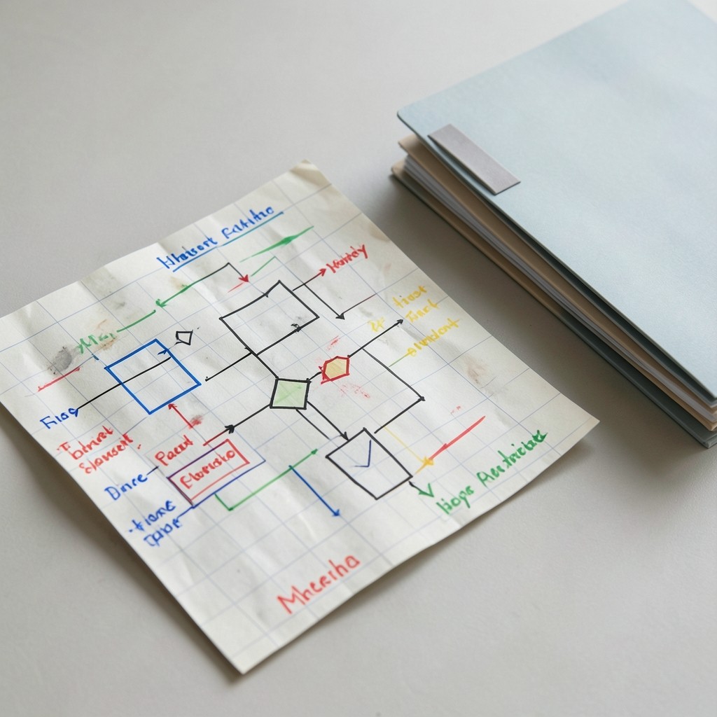 Annotated process map on paper with coloured markers beside a folder stack