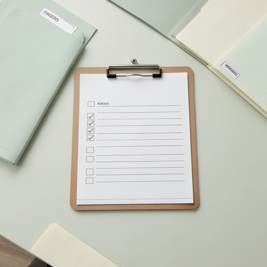 Close view of checklist clipboard and labelled file folders on a meeting table