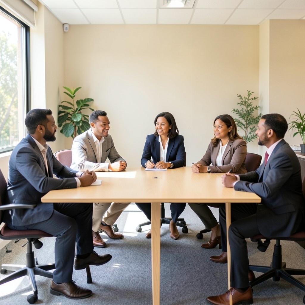 Small group seated around a table during a calm workplace briefing session
